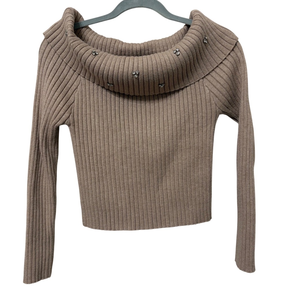 Sweet Rain Tan Ribbed Cowl Neck Rhinestone Embellished Sweater XL T13644